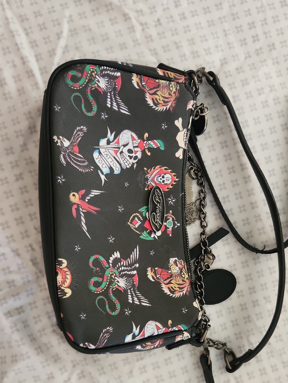 Ed Hardy Black Tattoo-Print Crossbody Bag